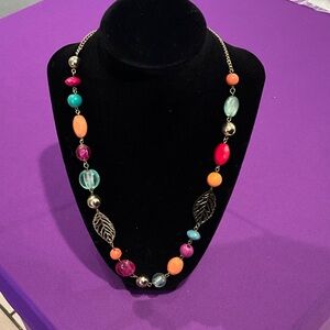 Colorful Beaded Necklace with Leaf Accents